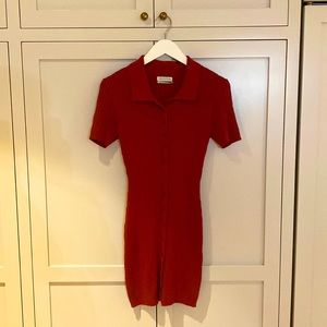Red Ribbed Button-Up Dress